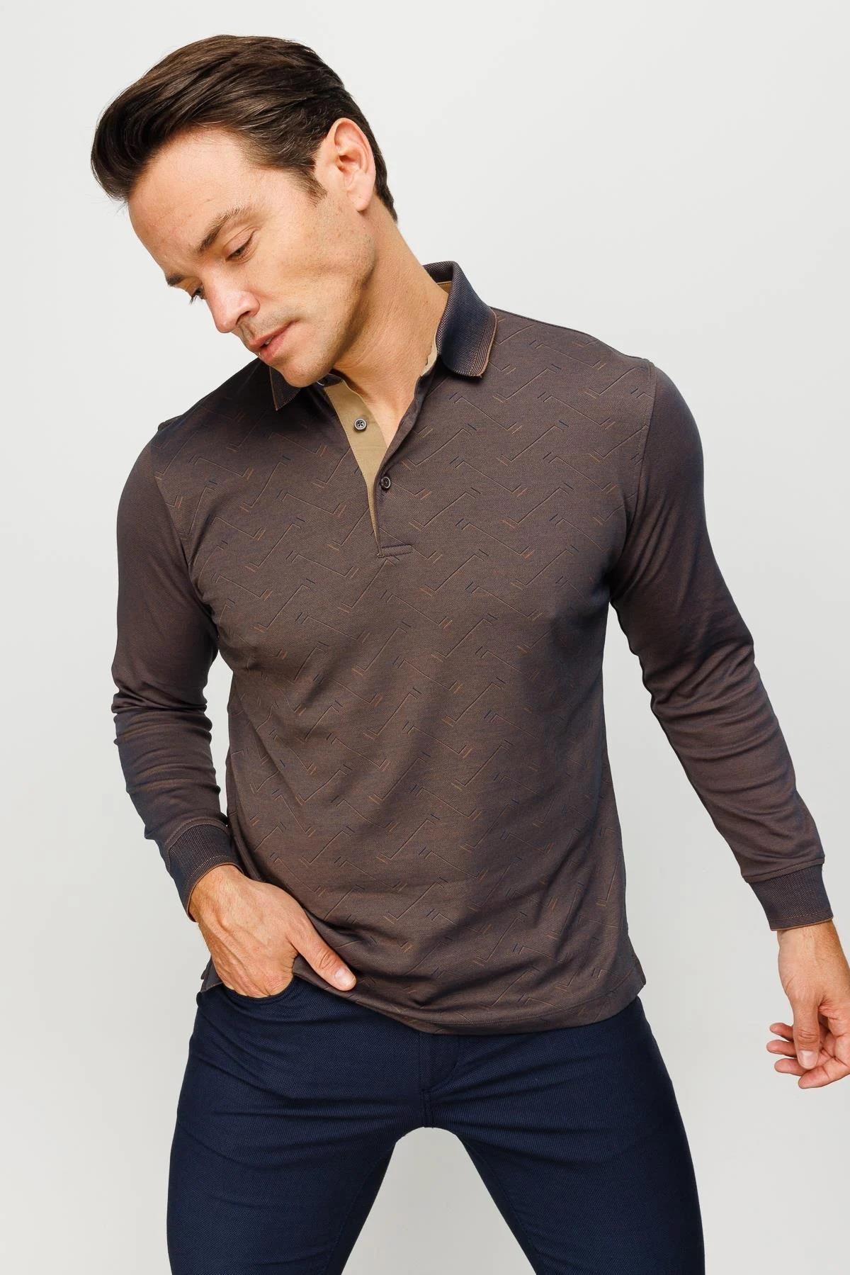 705Erkek Polo Yaka Desenli Uzun Kollu Sweatshirt Kahve