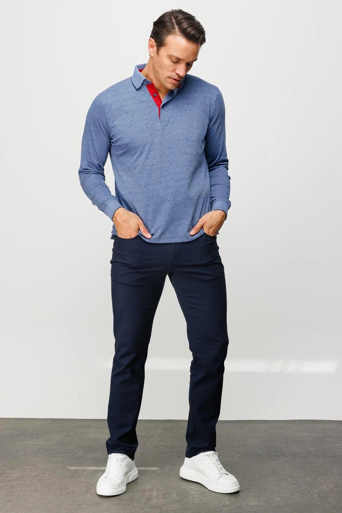 705Erkek Polo Yaka Desenli Uzun Kollu Sweatshirt Lacivert