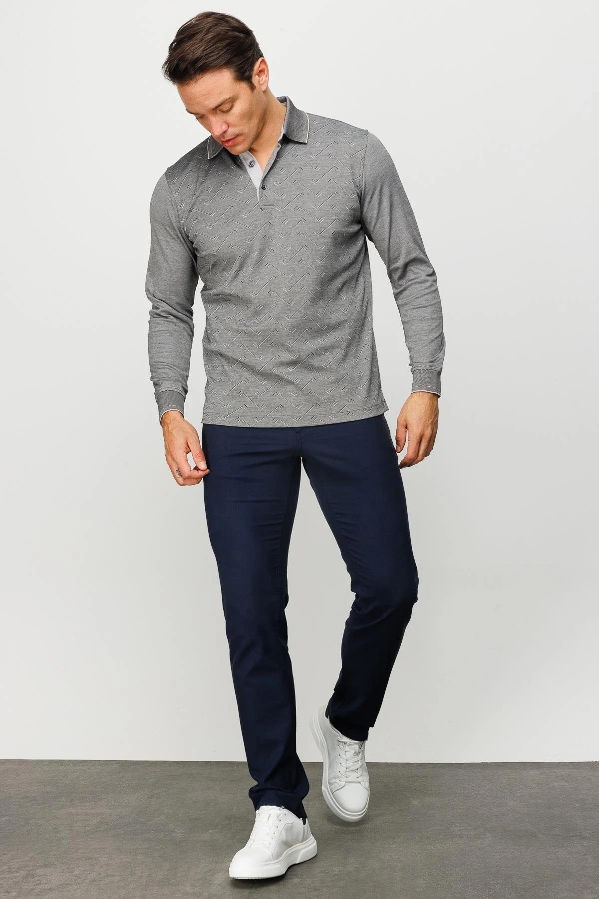 705Erkek Polo Yaka Desenli Uzun Kollu Sweatshirt Siyah