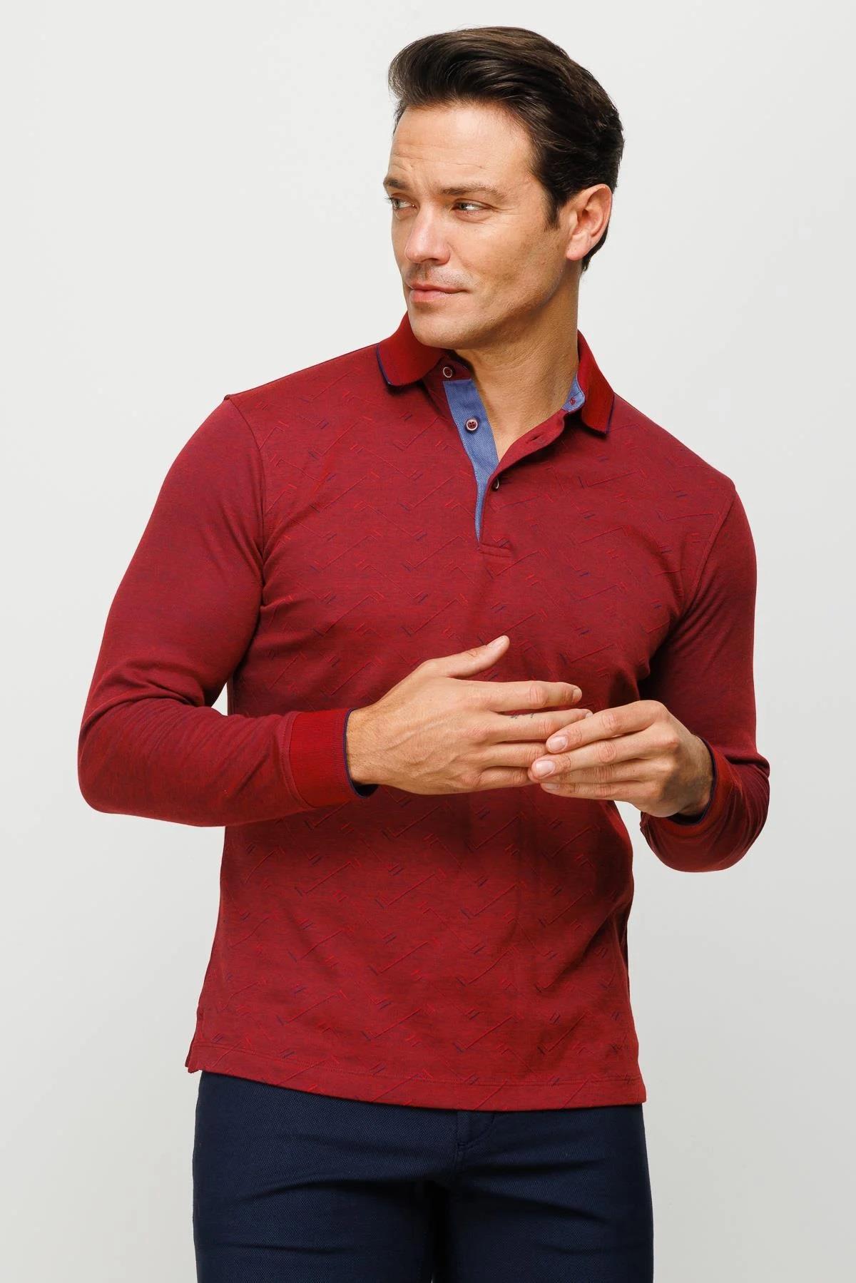705Erkek Polo Yaka Desenli Uzun Kollu Sweatshirt Bordo