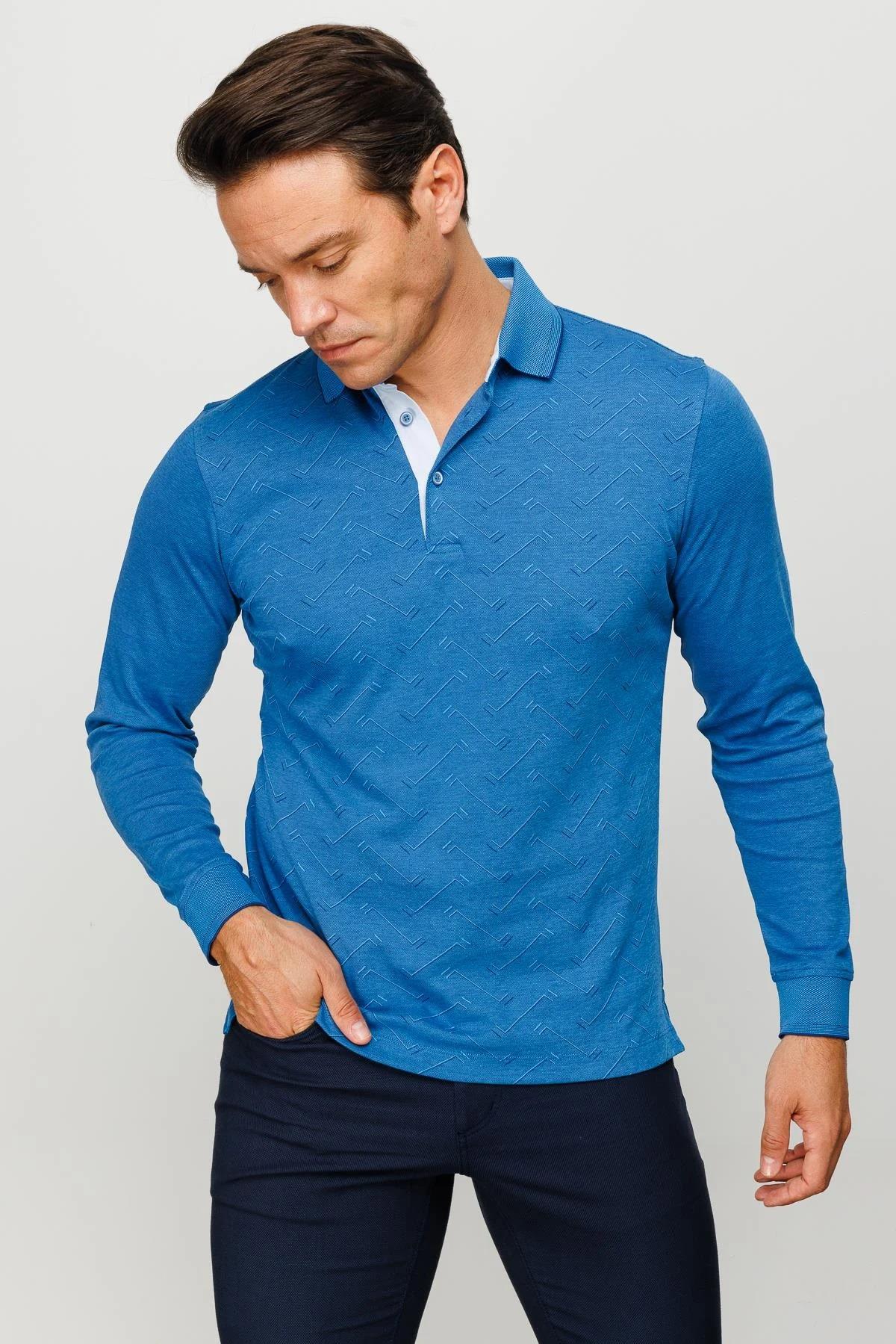 705Erkek Polo Yaka Desenli Uzun Kollu Sweatshirt Saks