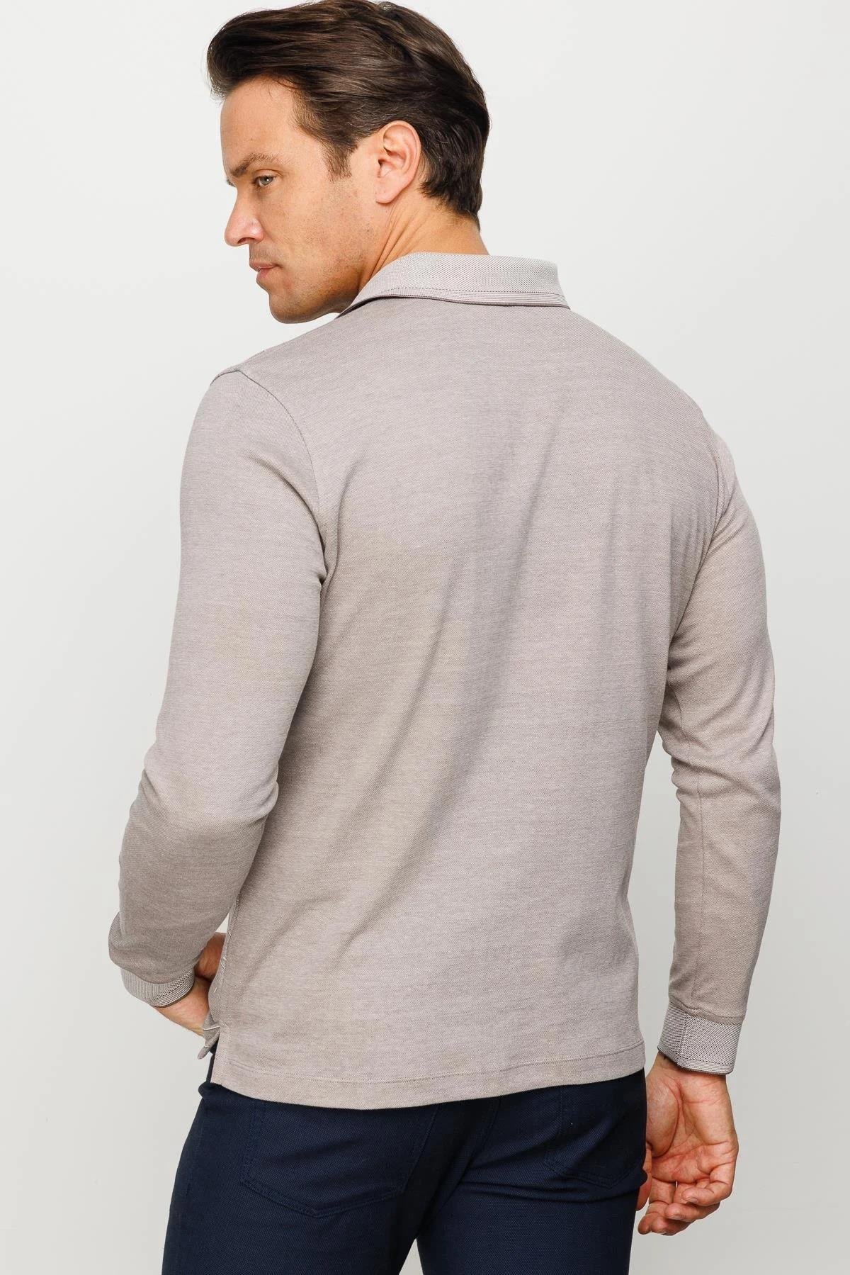 705Erkek Polo Yaka Desenli Uzun Kollu Sweatshirt Bej