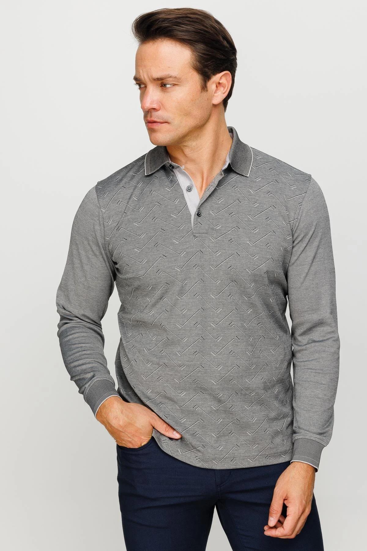 705Erkek Polo Yaka Desenli Uzun Kollu Sweatshirt Siyah