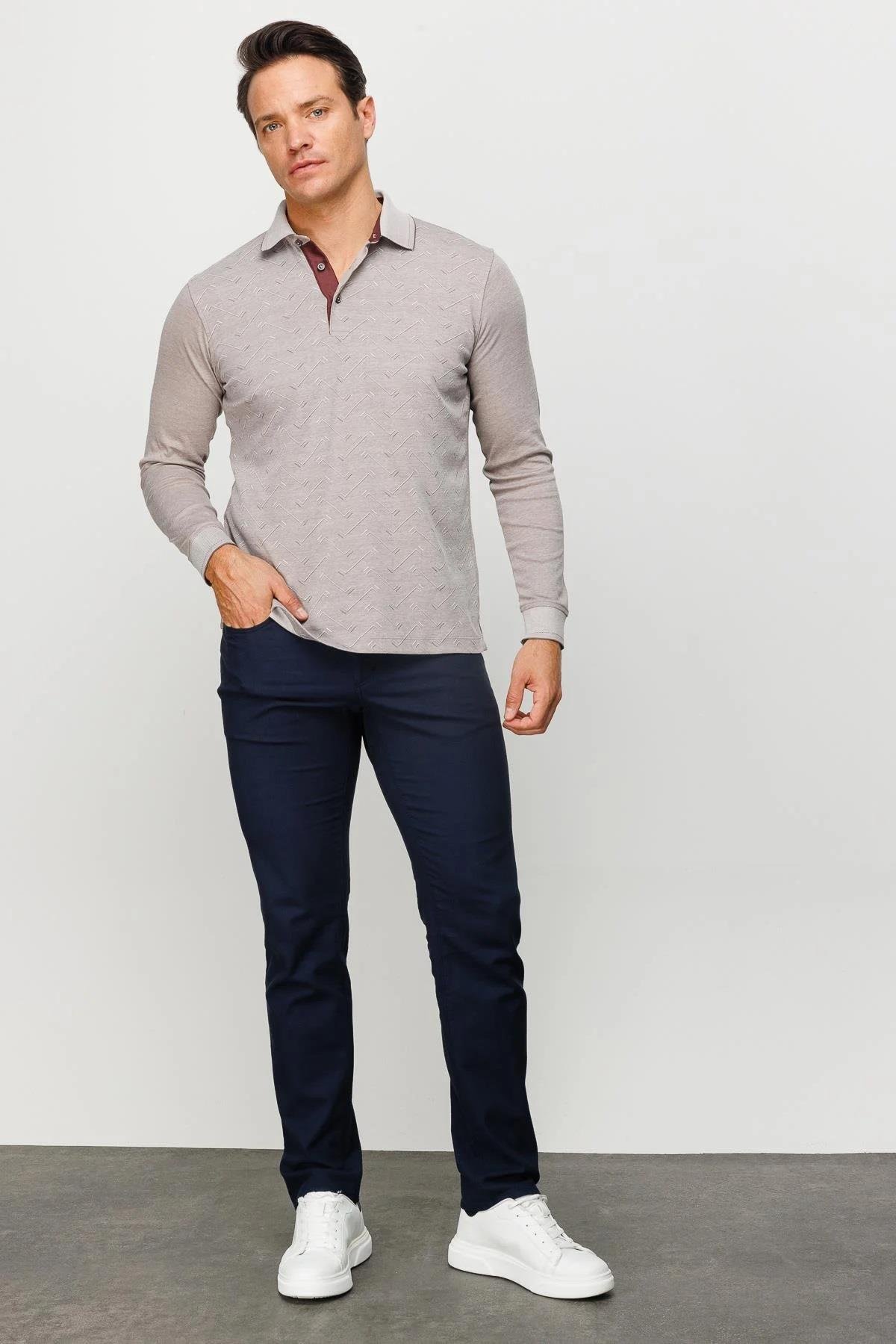 705Erkek Polo Yaka Desenli Uzun Kollu Sweatshirt Bej