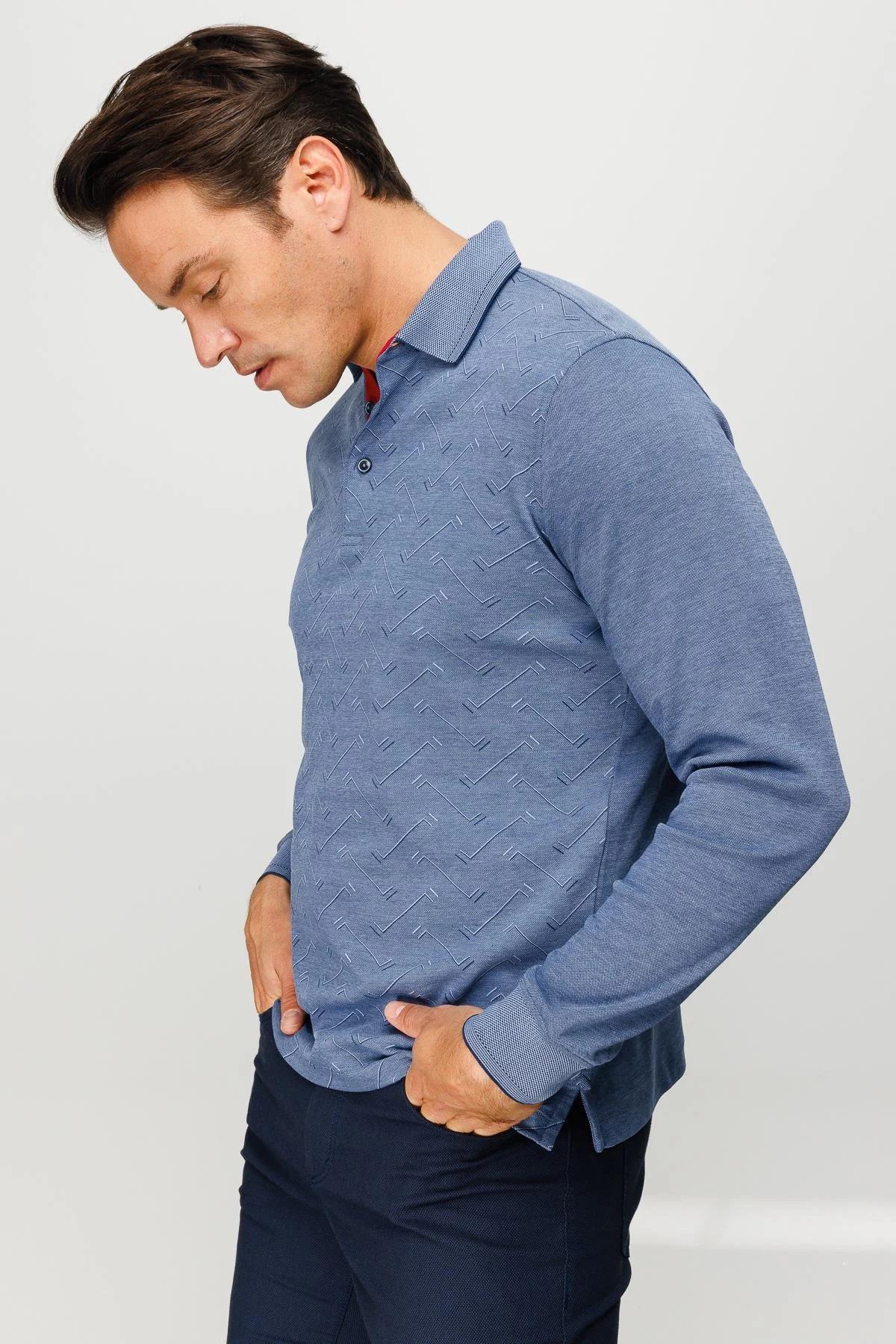 705Erkek Polo Yaka Desenli Uzun Kollu Sweatshirt Lacivert