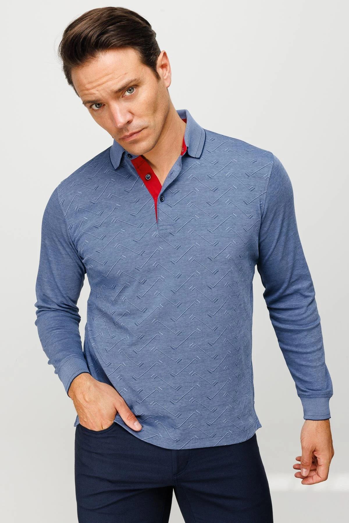 705Erkek Polo Yaka Desenli Uzun Kollu Sweatshirt Lacivert