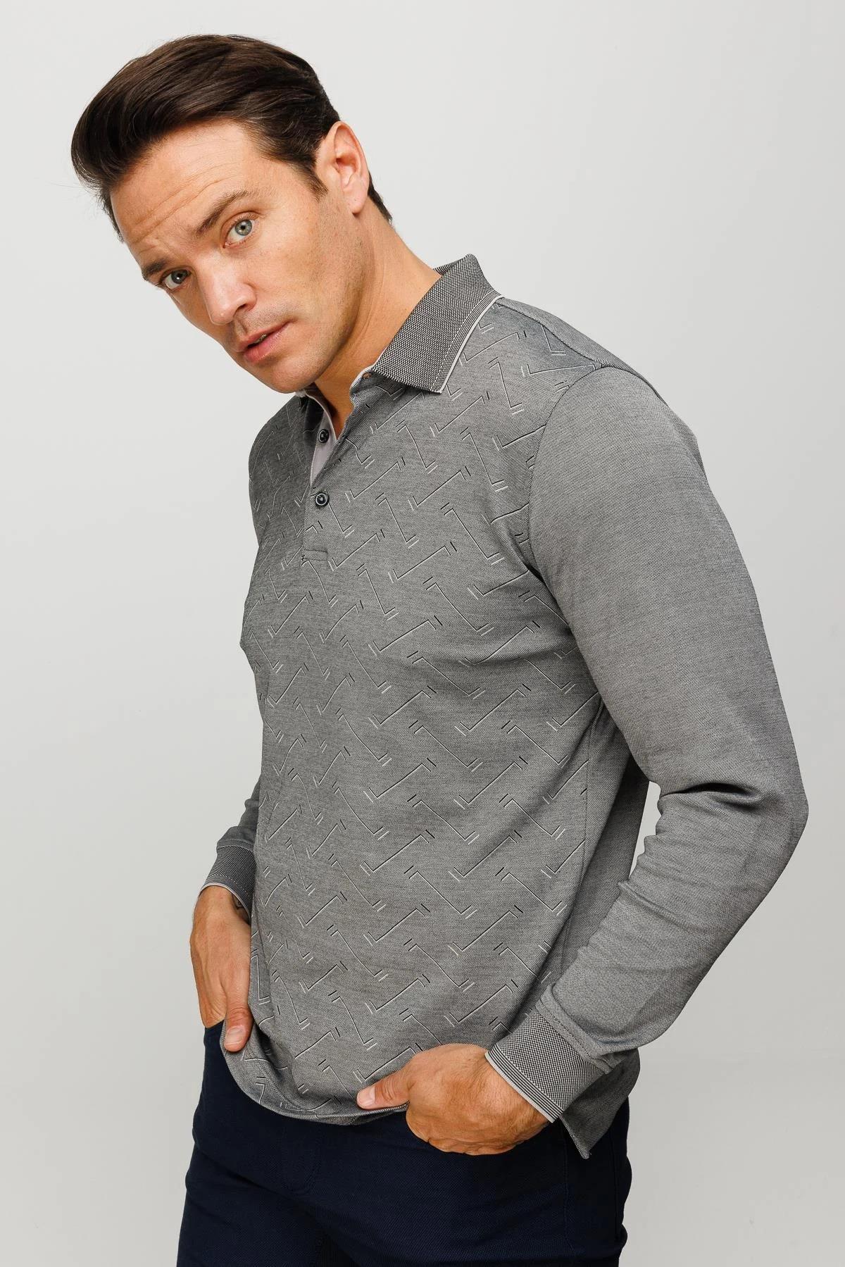 705Erkek Polo Yaka Desenli Uzun Kollu Sweatshirt Siyah