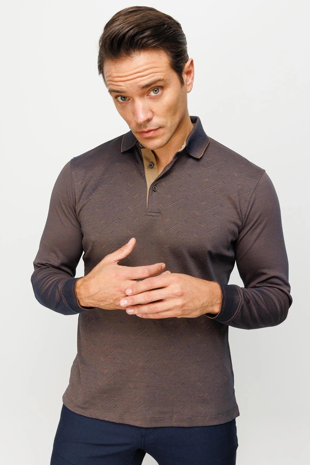 705Erkek Polo Yaka Desenli Uzun Kollu Sweatshirt Kahve