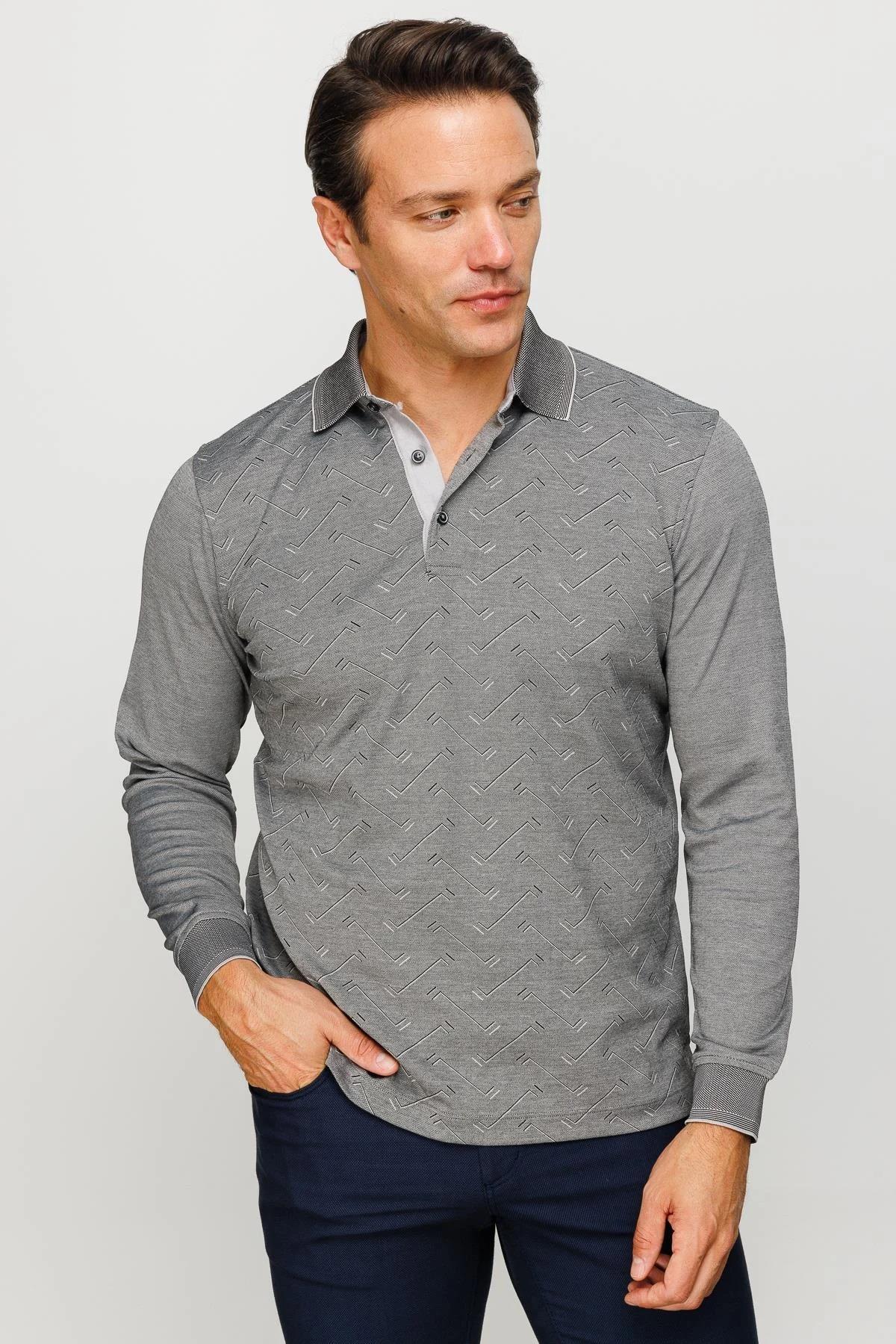 705Erkek Polo Yaka Desenli Uzun Kollu Sweatshirt Siyah