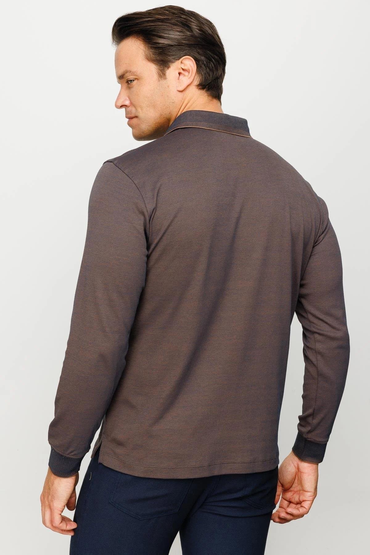 705Erkek Polo Yaka Desenli Uzun Kollu Sweatshirt Kahve