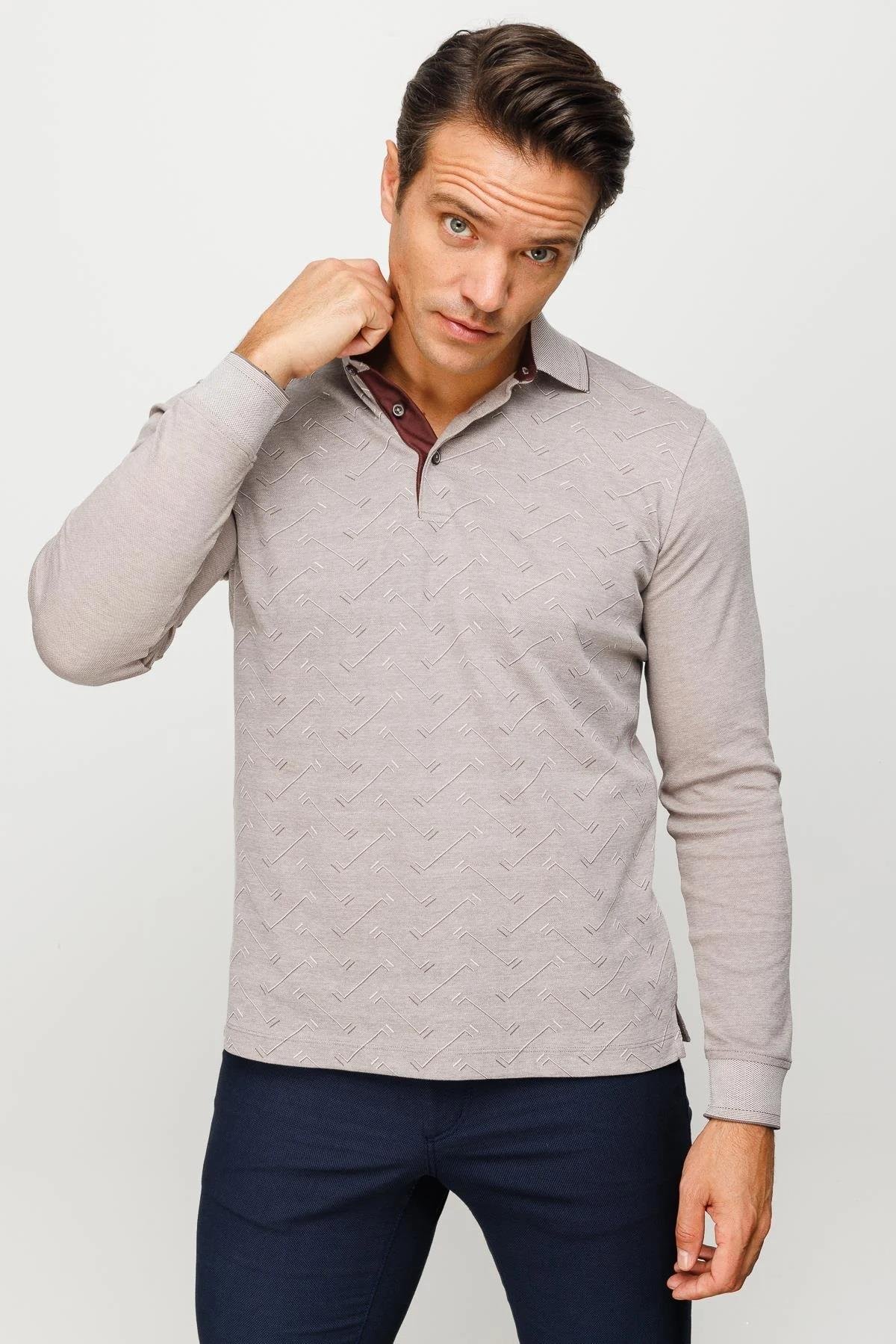 705Erkek Polo Yaka Desenli Uzun Kollu Sweatshirt Bej