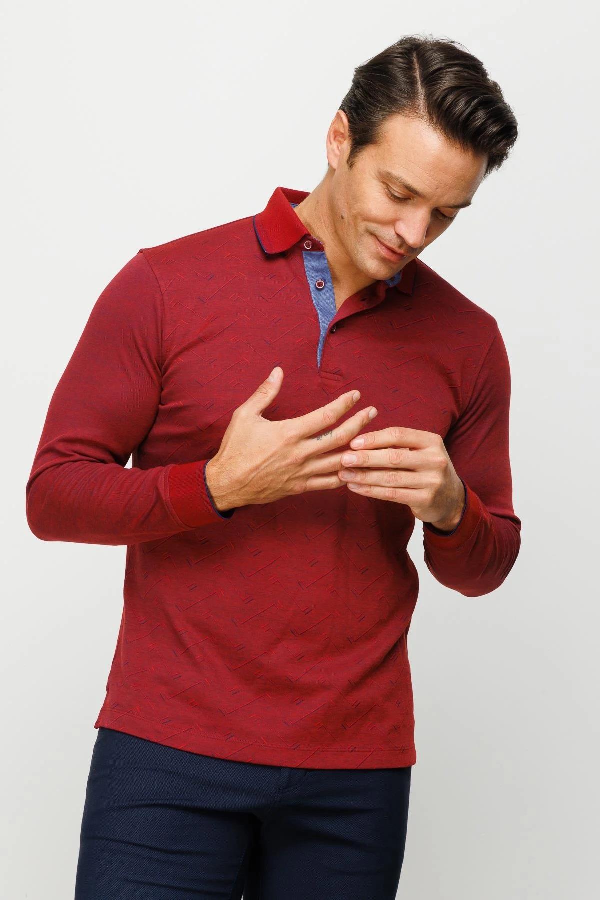 705Erkek Polo Yaka Desenli Uzun Kollu Sweatshirt Bordo