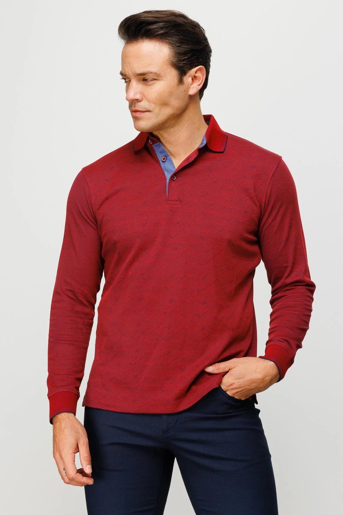 705Erkek Polo Yaka Desenli Uzun Kollu Sweatshirt Bordo