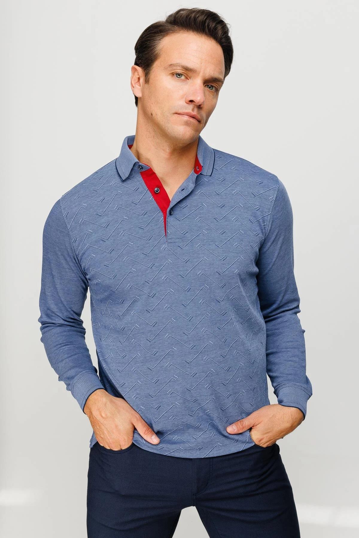 705Erkek Polo Yaka Desenli Uzun Kollu Sweatshirt Lacivert