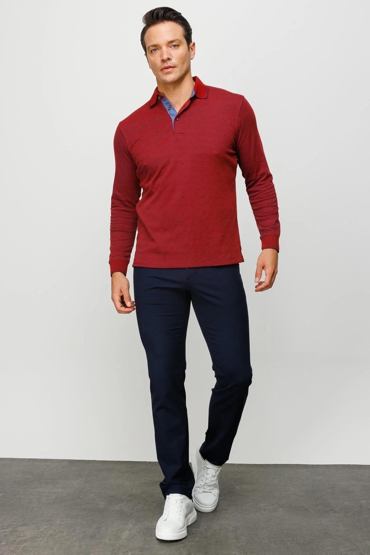 705Erkek Polo Yaka Desenli Uzun Kollu Sweatshirt Bordo