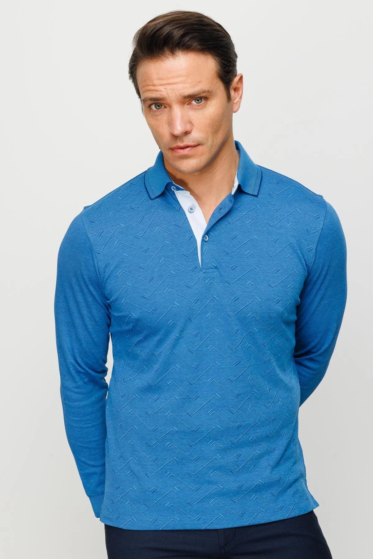 705Erkek Polo Yaka Desenli Uzun Kollu Sweatshirt Saks