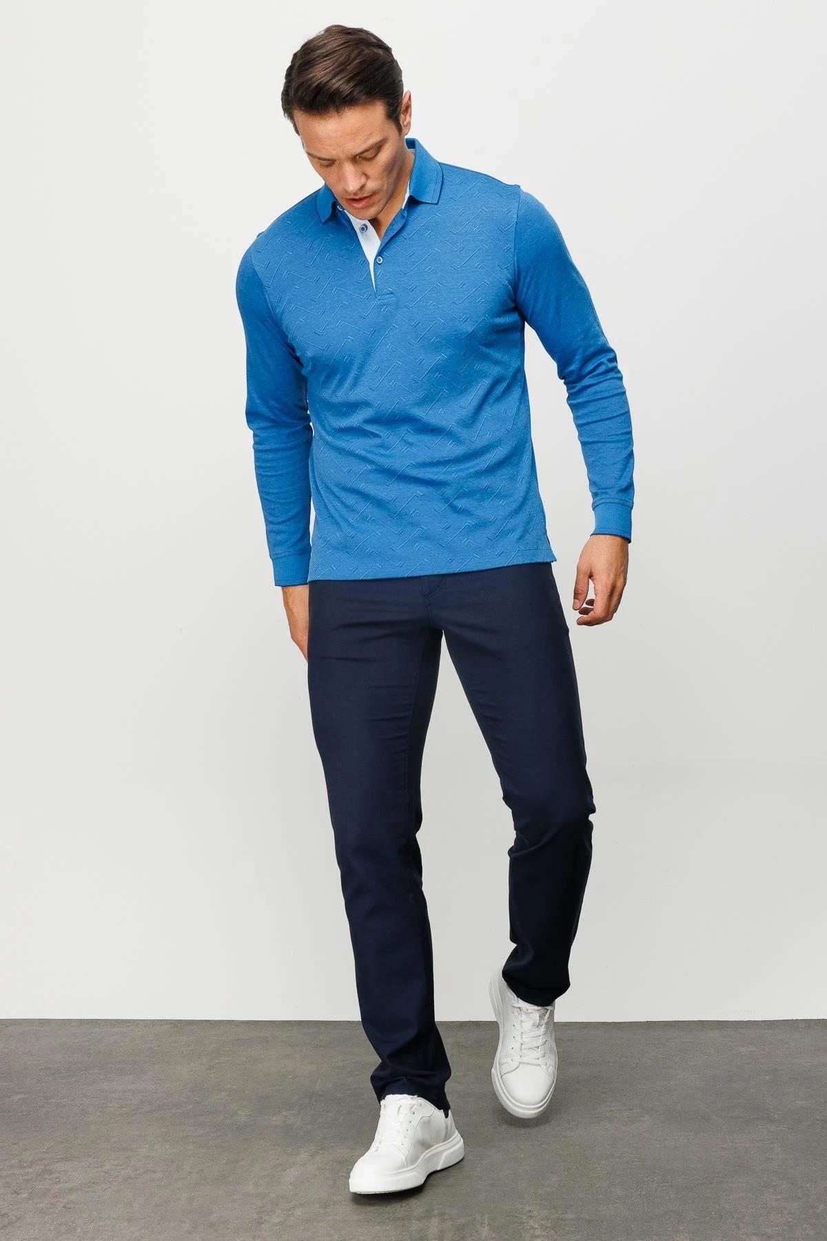 705Erkek Polo Yaka Desenli Uzun Kollu Sweatshirt Saks