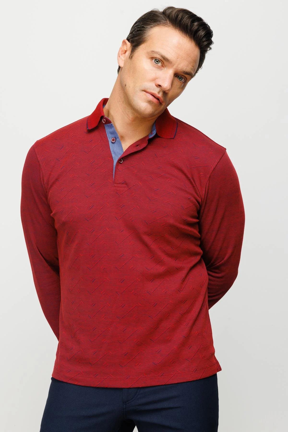 705Erkek Polo Yaka Desenli Uzun Kollu Sweatshirt Bordo
