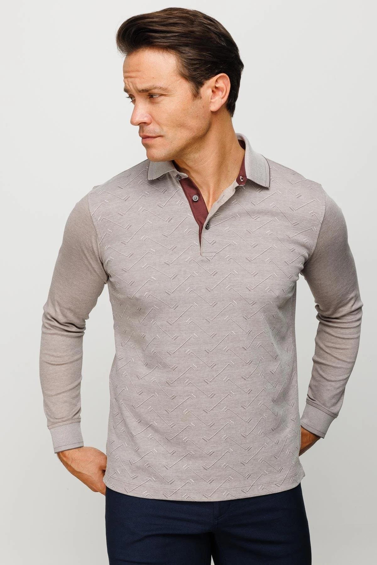 705Erkek Polo Yaka Desenli Uzun Kollu Sweatshirt Bej