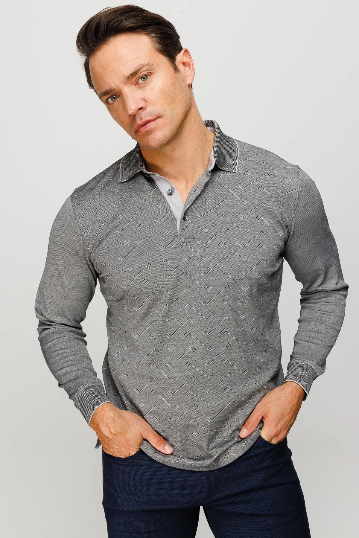 705Erkek Polo Yaka Desenli Uzun Kollu Sweatshirt Siyah