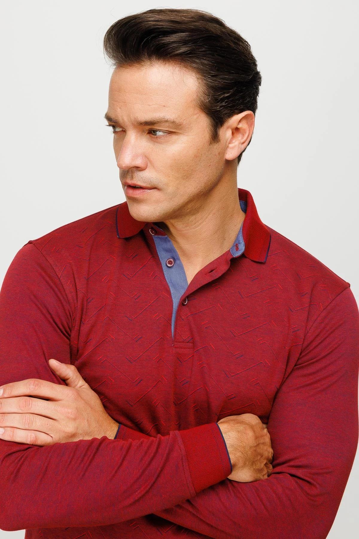 705Erkek Polo Yaka Desenli Uzun Kollu Sweatshirt Bordo