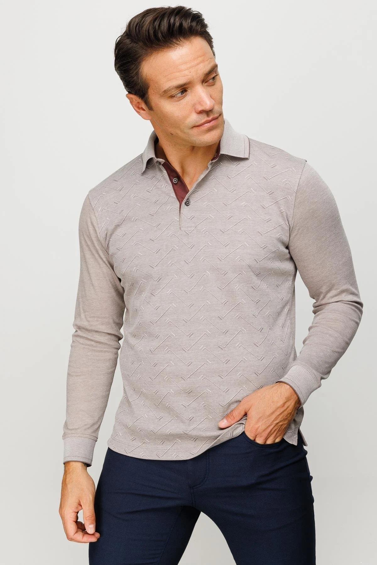 705Erkek Polo Yaka Desenli Uzun Kollu Sweatshirt Bej
