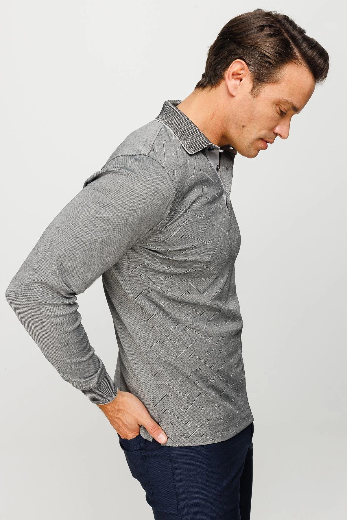 705Erkek Polo Yaka Desenli Uzun Kollu Sweatshirt Siyah