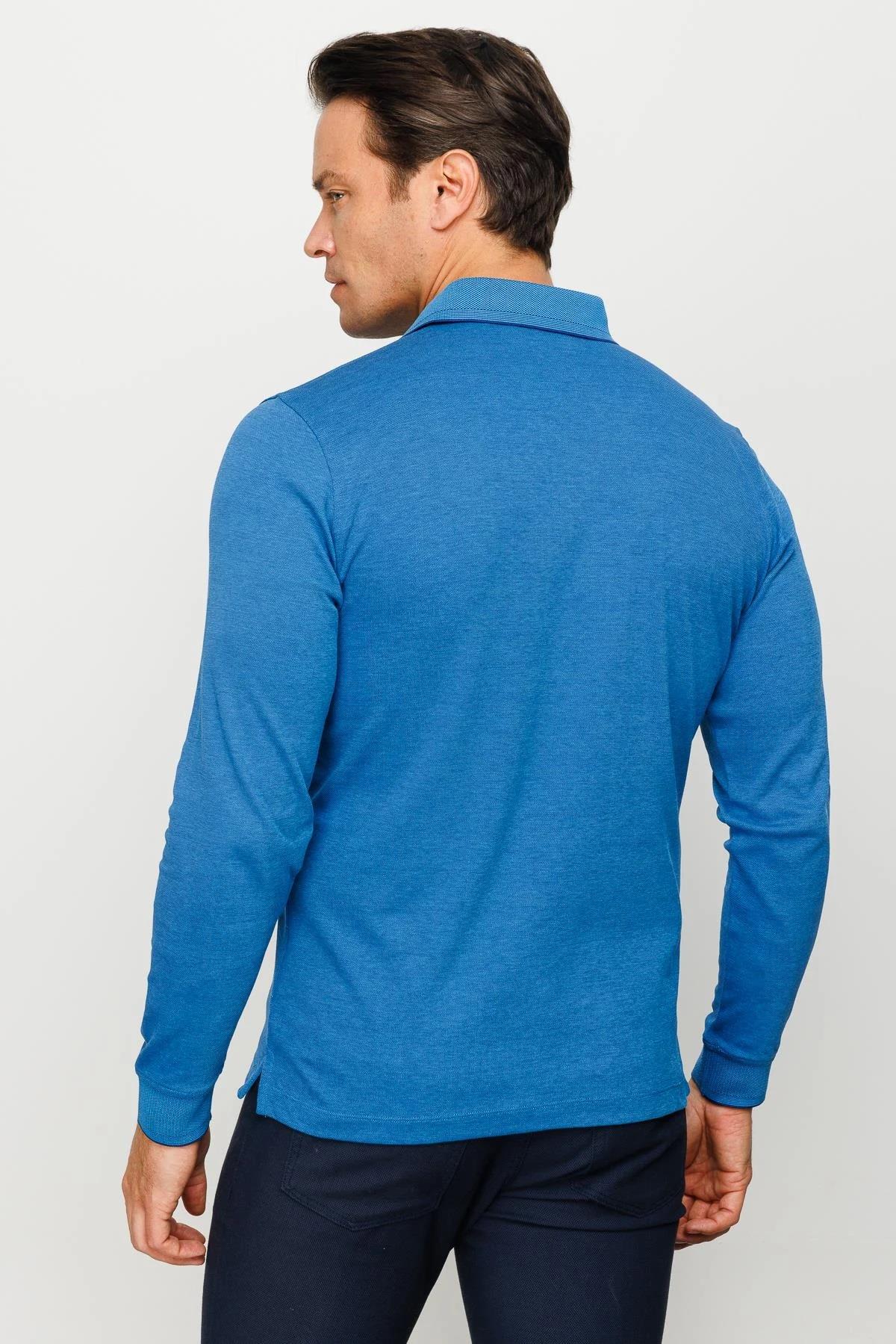 705Erkek Polo Yaka Desenli Uzun Kollu Sweatshirt Saks