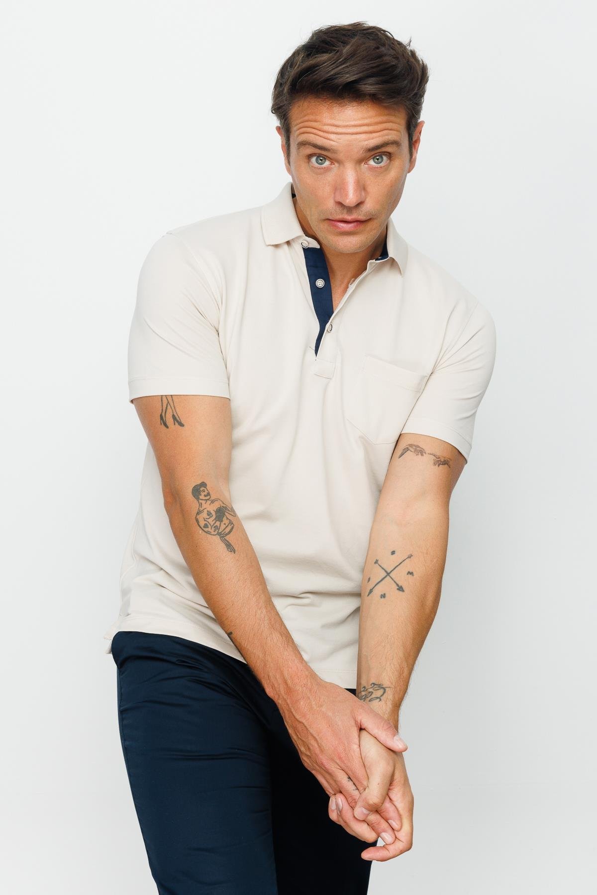 201Erkek Polo Yaka Düğmeli T-shirt Taş