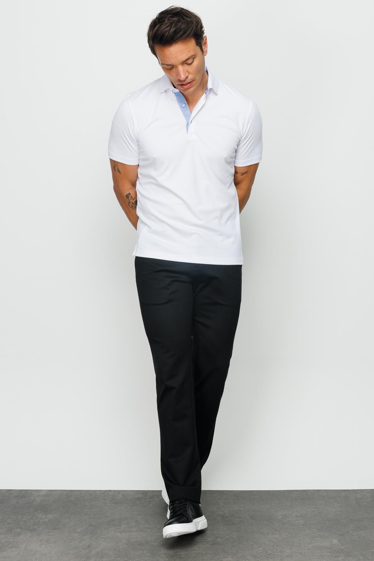 201Erkek Polo Yaka Düğmeli T-shirt Beyaz