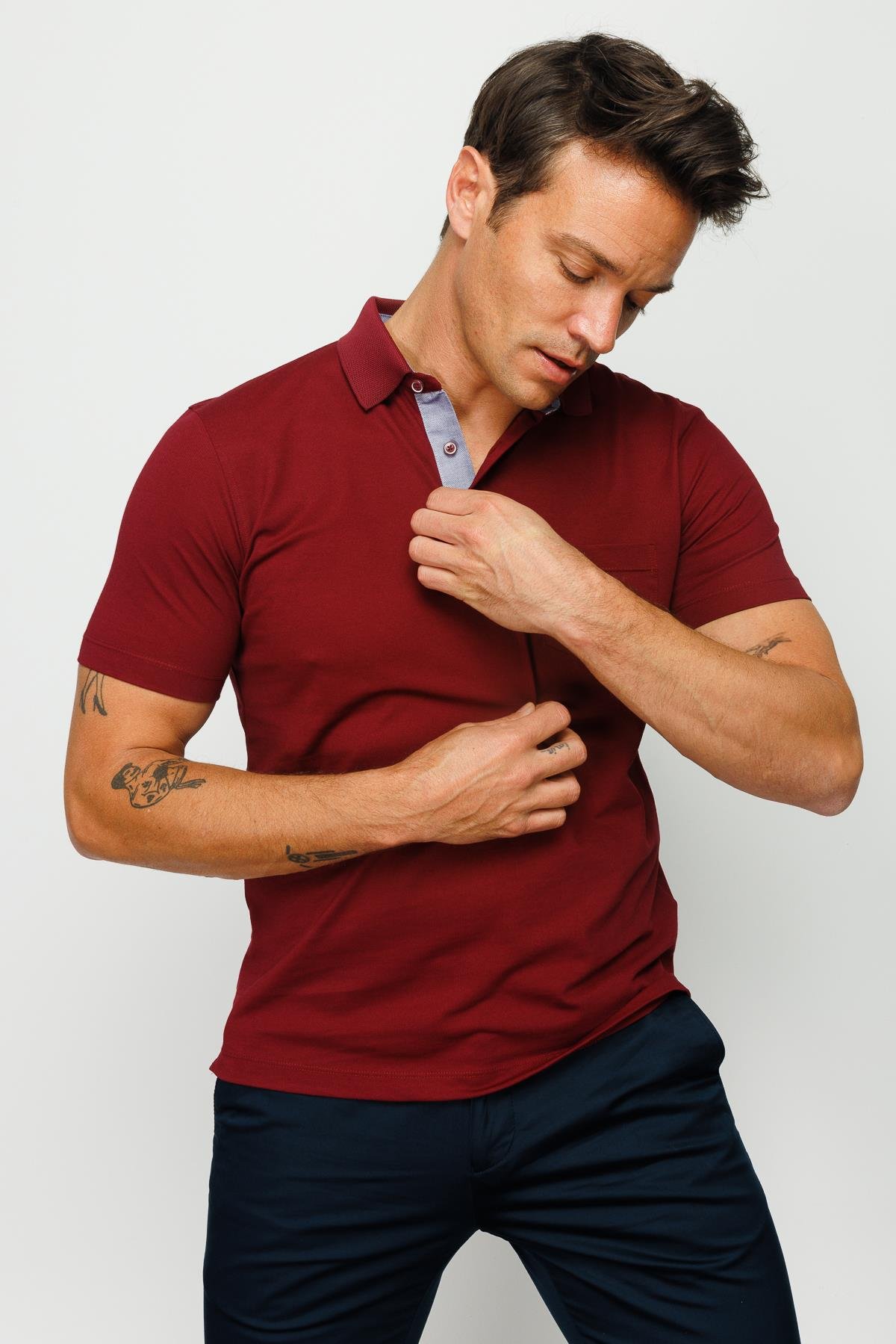 201Erkek Polo Yaka Düğmeli T-shirt Bordo