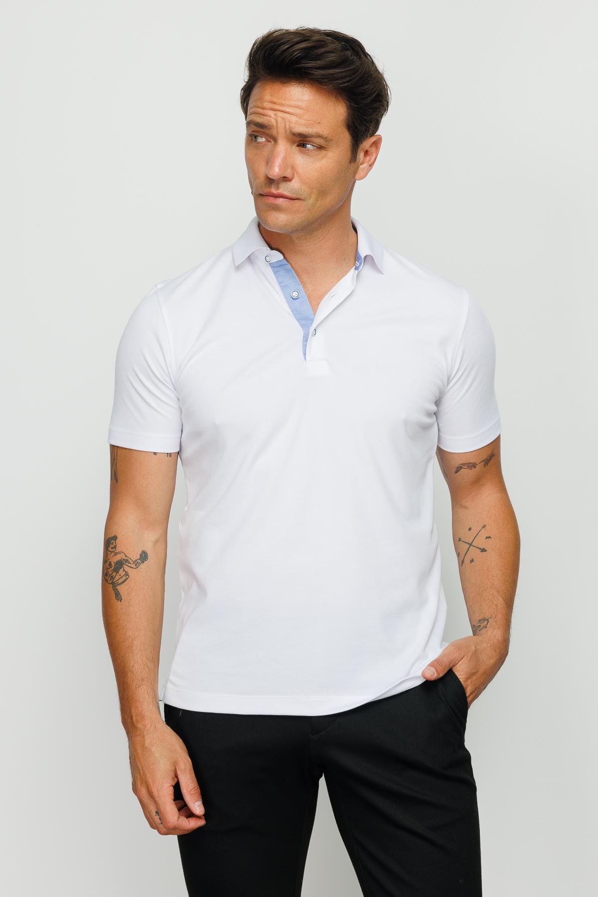 201Erkek Polo Yaka Düğmeli T-shirt Beyaz