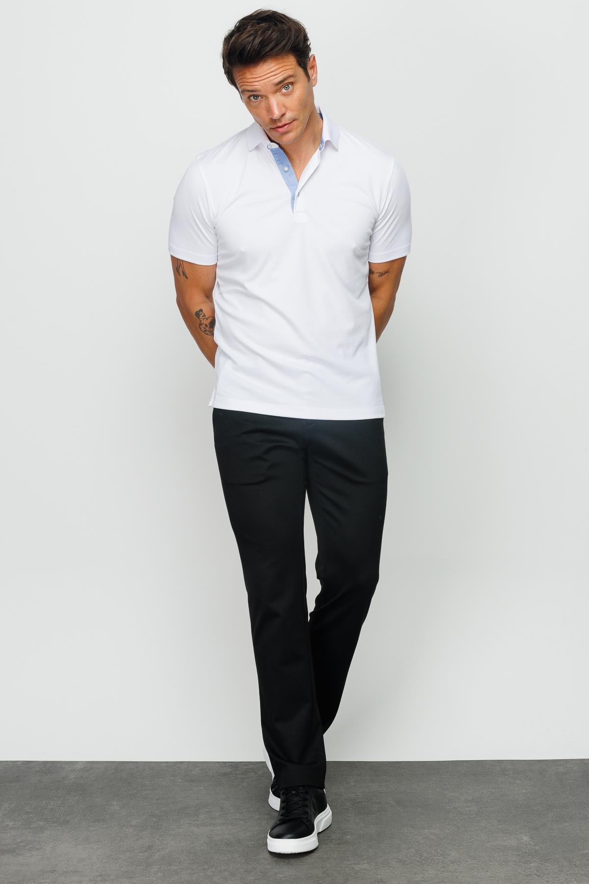 201Erkek Polo Yaka Düğmeli T-shirt Beyaz