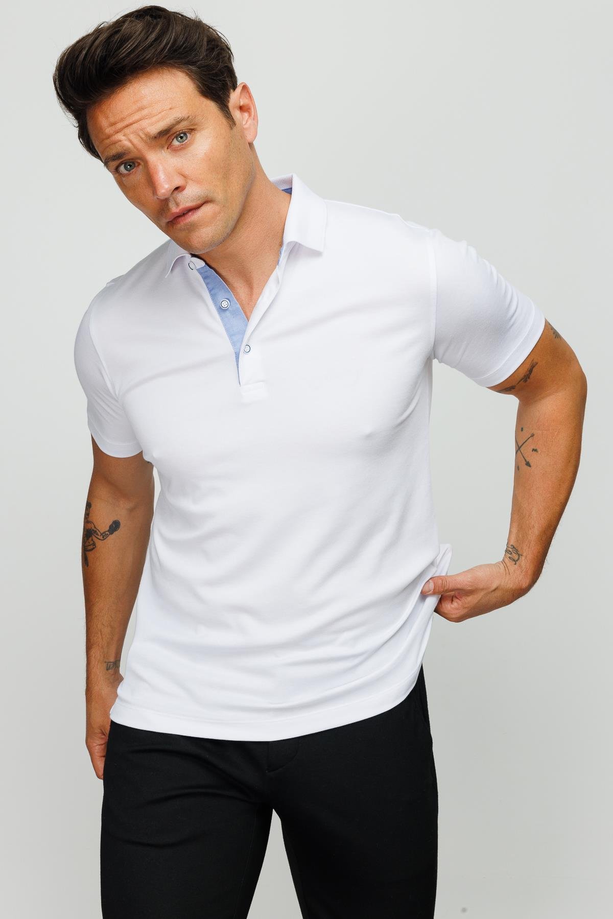 201Erkek Polo Yaka Düğmeli T-shirt Beyaz