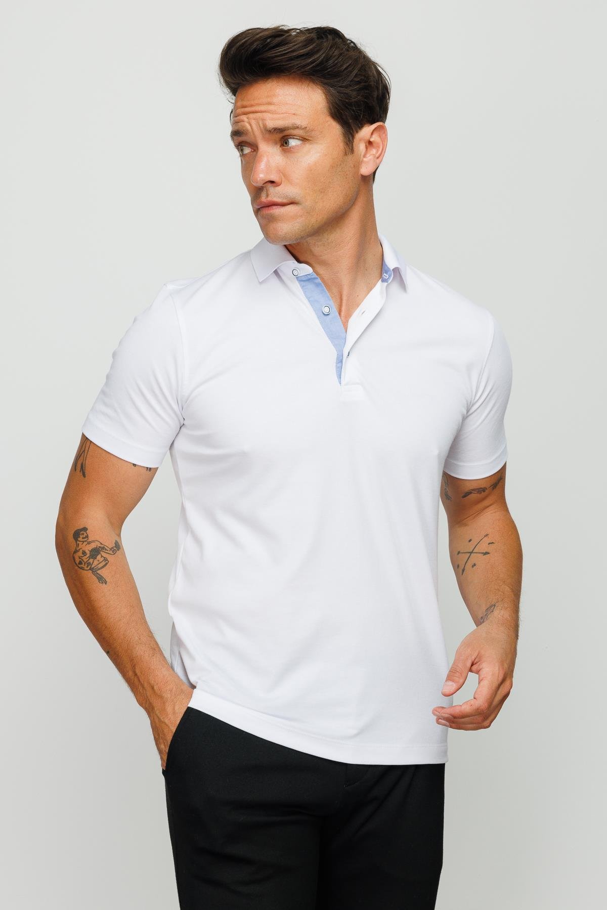 201Erkek Polo Yaka Düğmeli T-shirt Beyaz