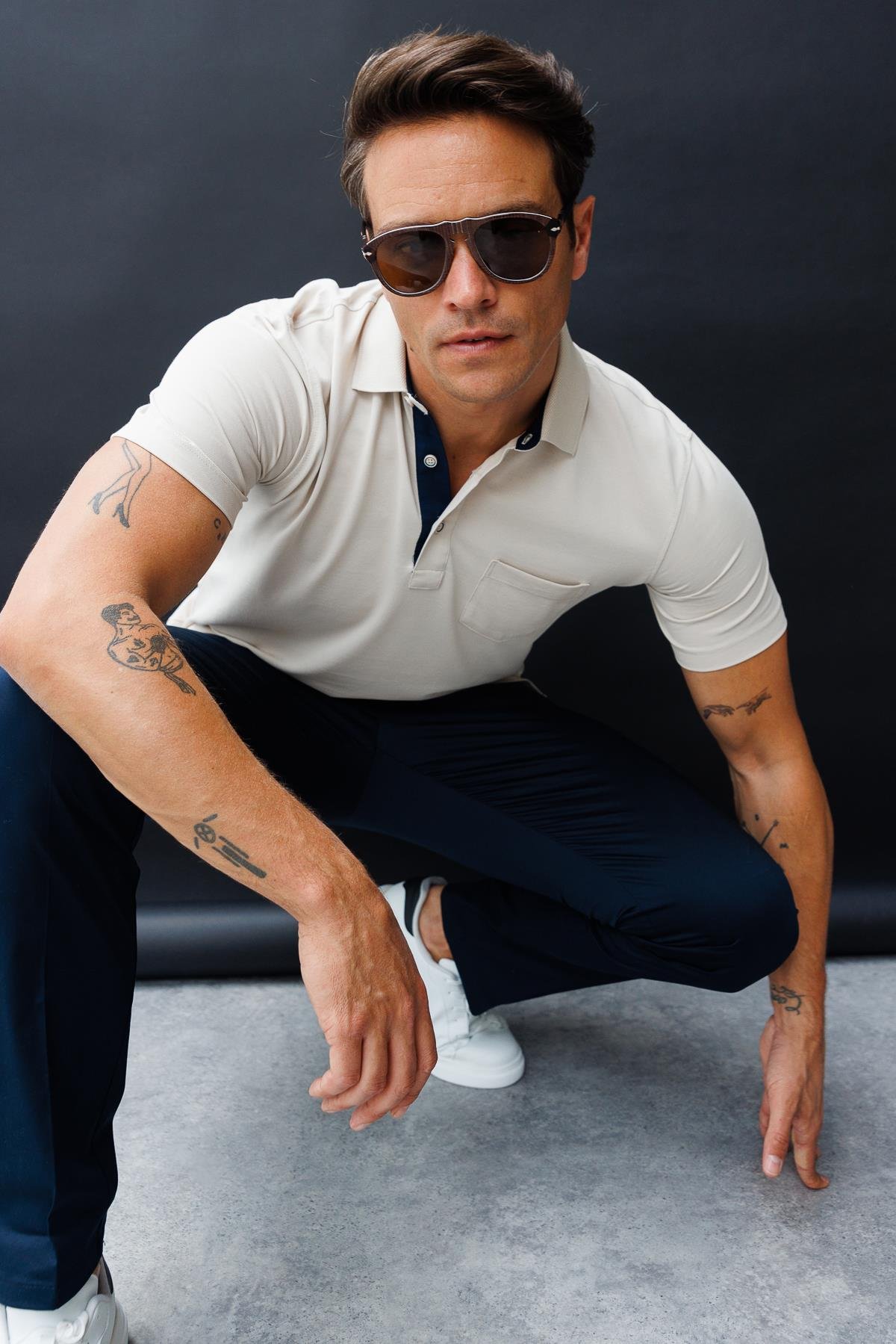 201Erkek Polo Yaka Düğmeli T-shirt Taş