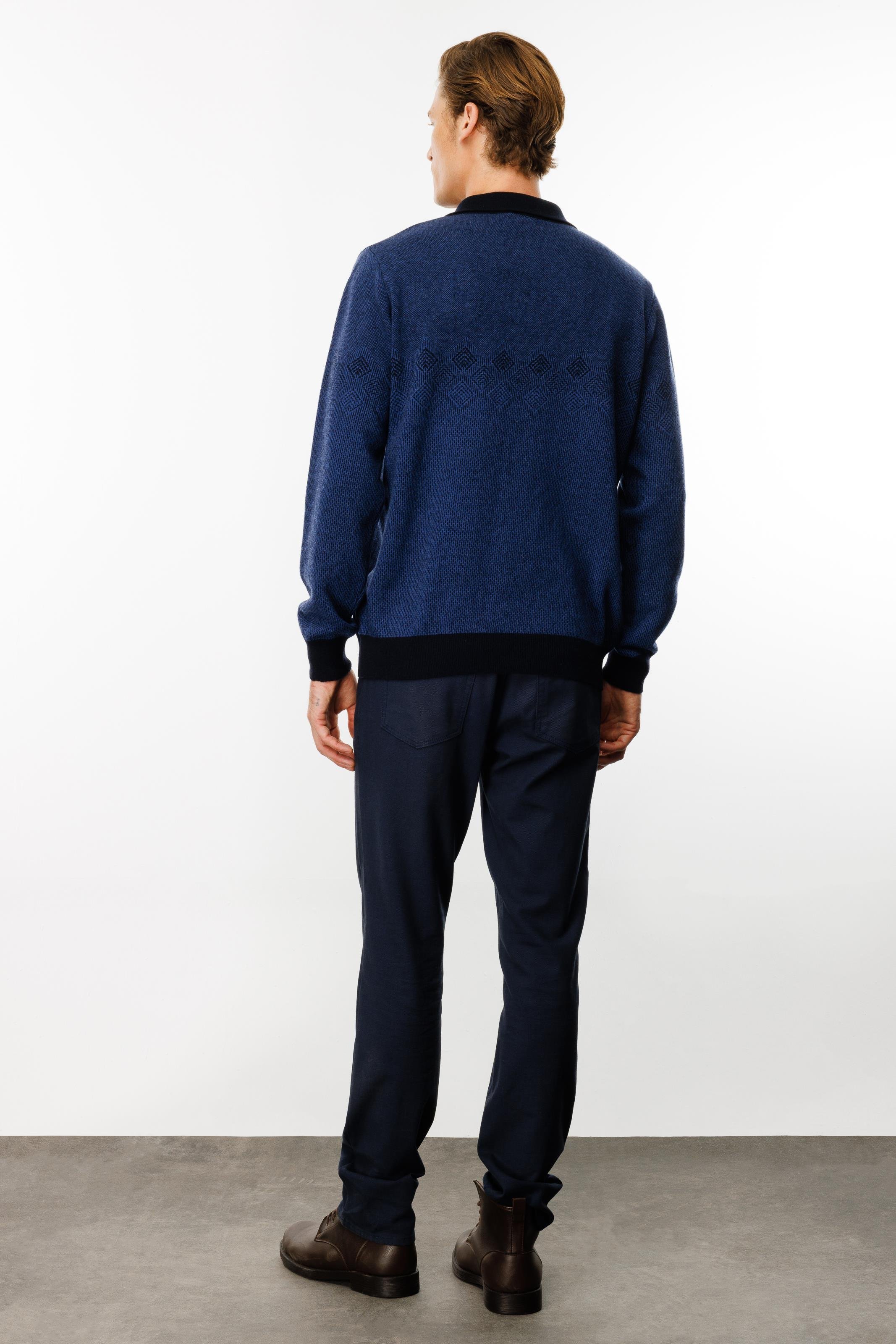 24520Erkek Polo Yaka Göğsü Baklava Desenli Yün Kazak K.Lacivert