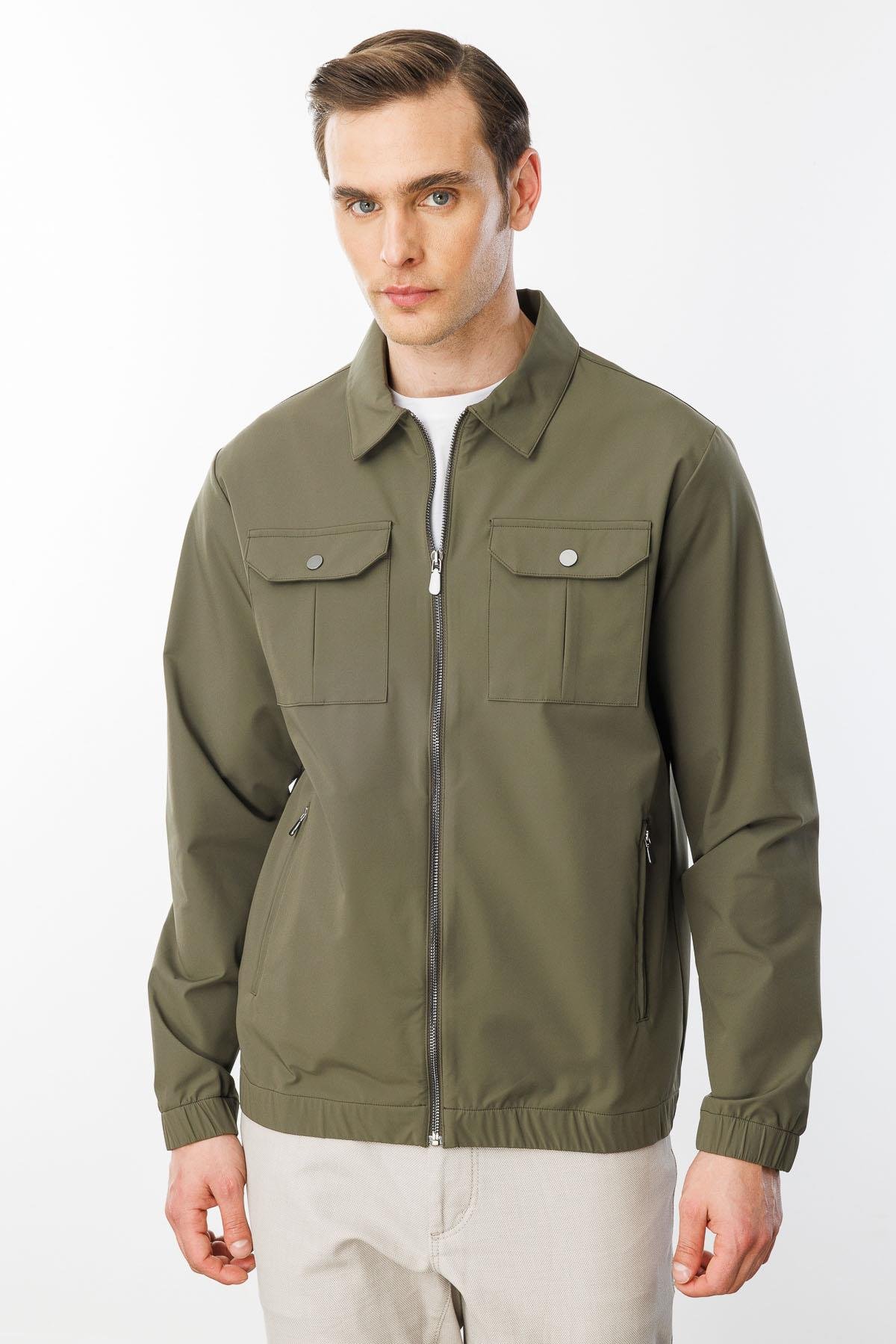 25440Erkek Polo Yaka Göğsü Cepli Mont Haki