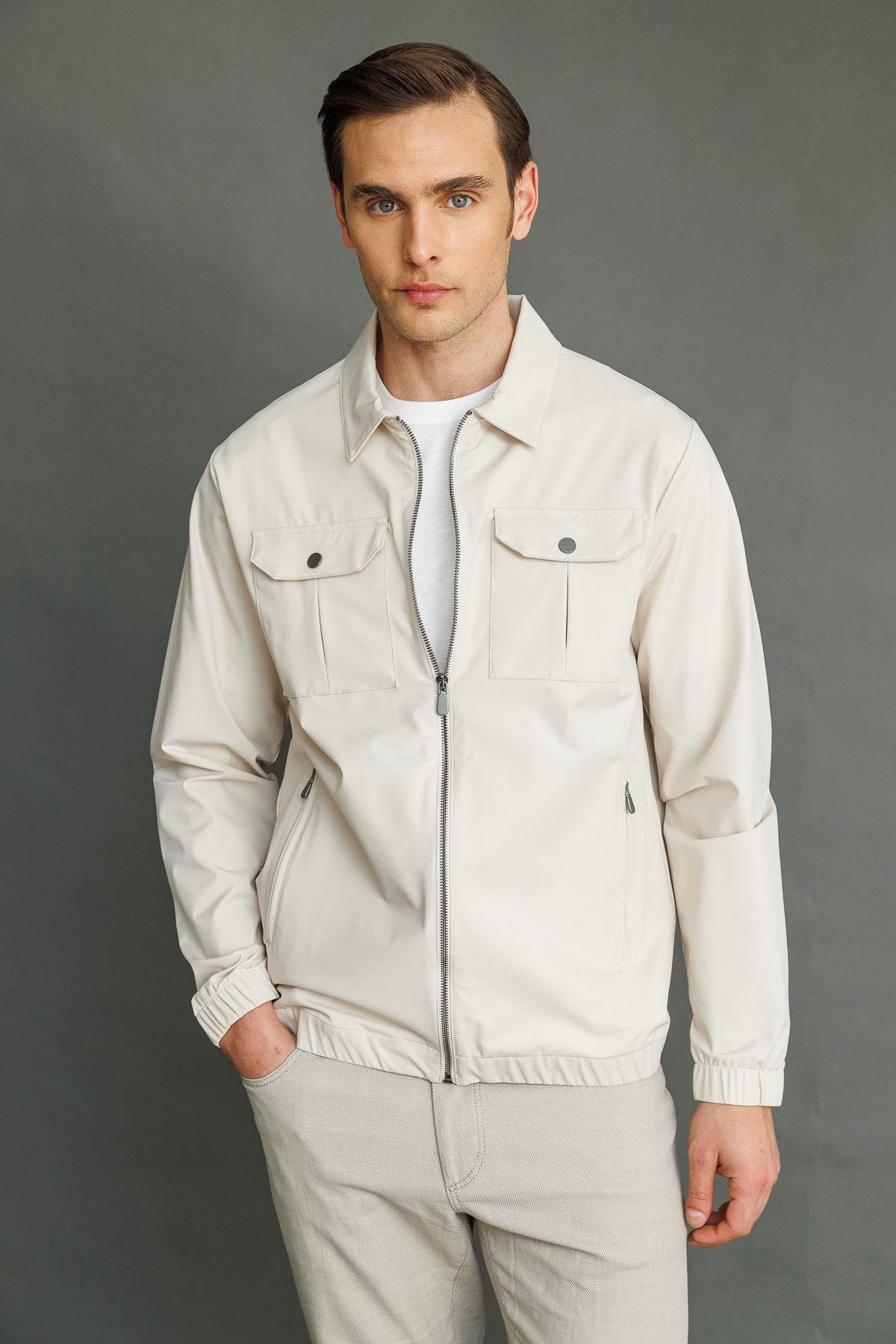 25440Erkek Polo Yaka Göğsü Cepli Mont Krem