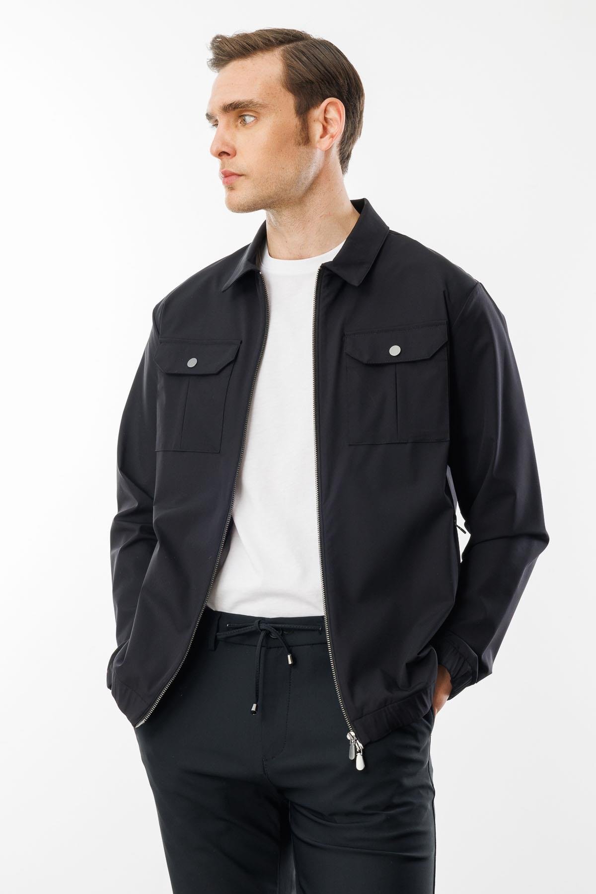 25440Erkek Polo Yaka Göğsü Cepli Mont Siyah