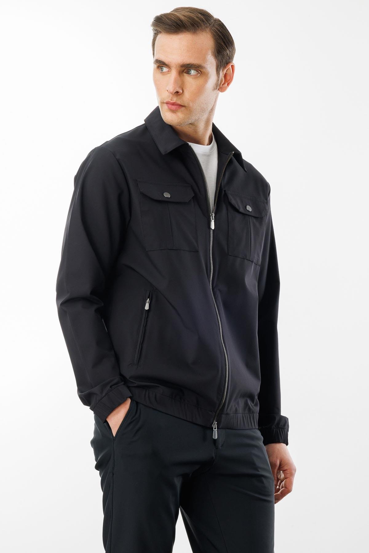 25440Erkek Polo Yaka Göğsü Cepli Mont Siyah