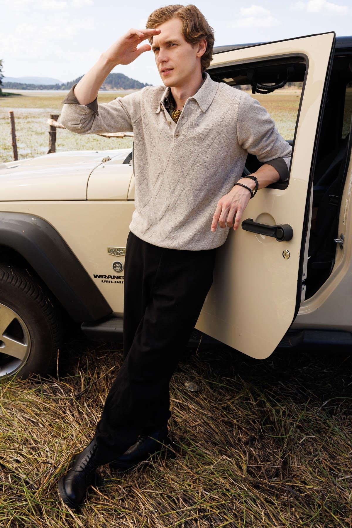 25507Erkek Polo Yaka Hasır Örgü Baklava Yürütmeli Yün Kazak V.Bej