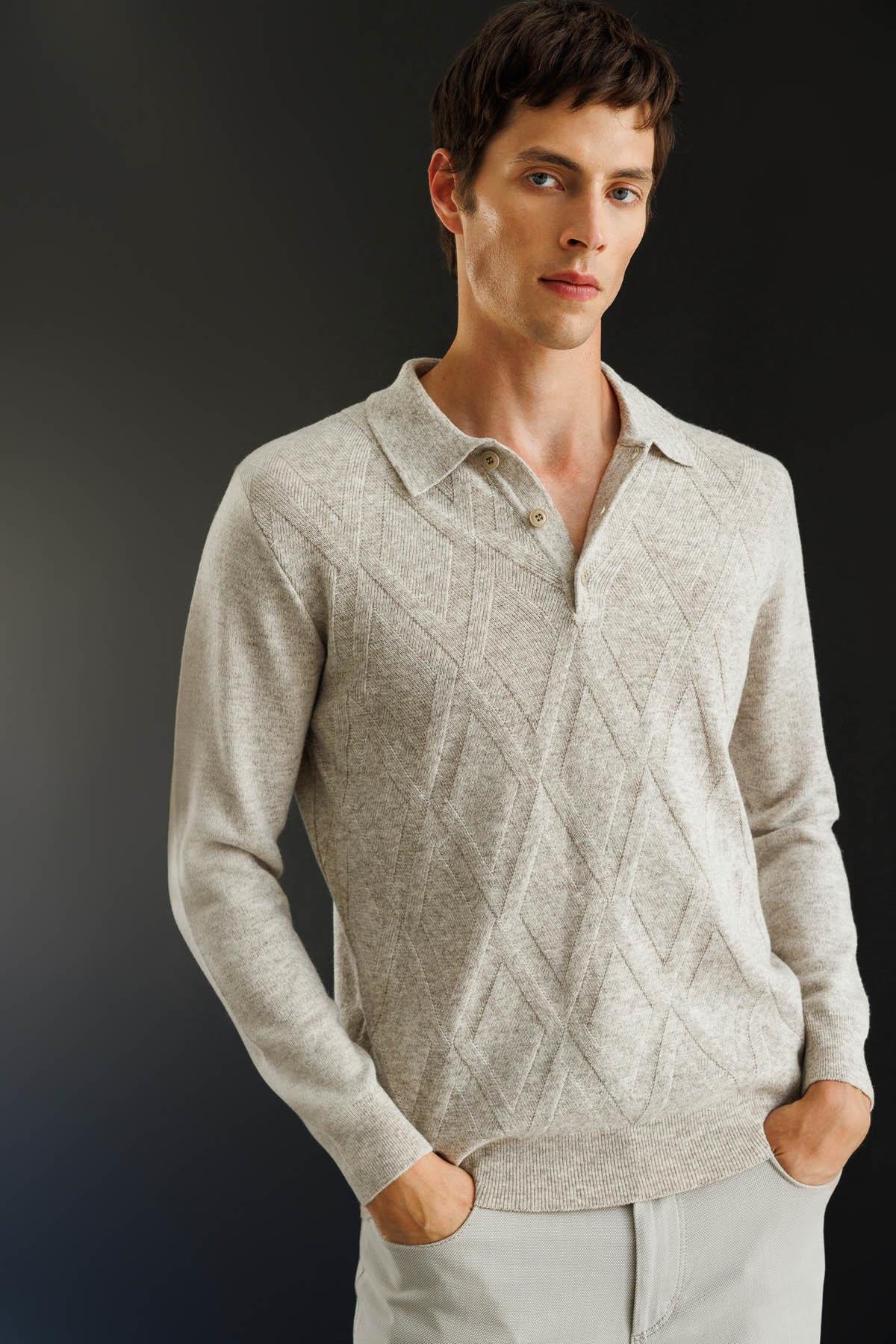 25507Erkek Polo Yaka Hasır Örgü Baklava Yürütmeli Yün Kazak V.Bej