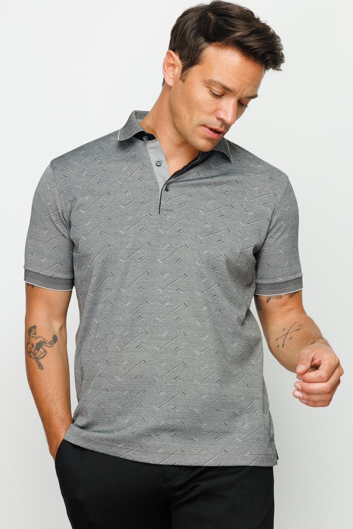 805Erkek Polo Yaka Jakarlı Düğmeli T-shirt Siyah