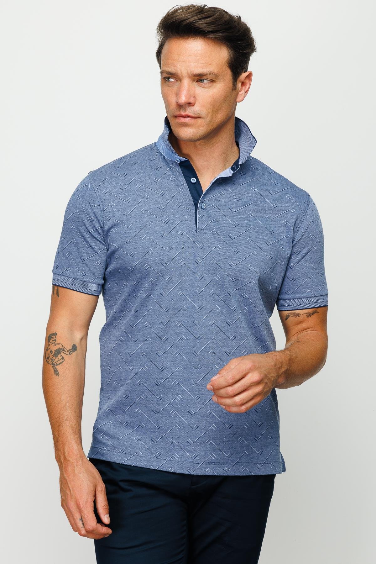 805Erkek Polo Yaka Jakarlı Düğmeli T-shirt Lacivert