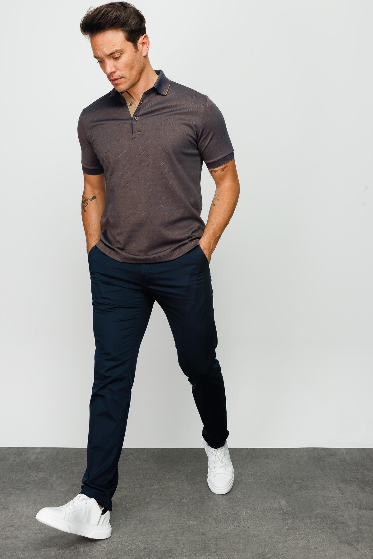 805Erkek Polo Yaka Jakarlı Düğmeli T-shirt Kahve