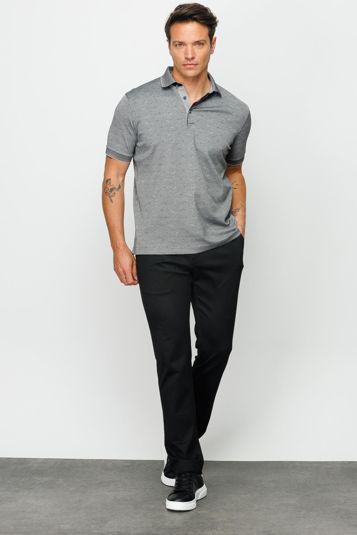 805Erkek Polo Yaka Jakarlı Düğmeli T-shirt Siyah