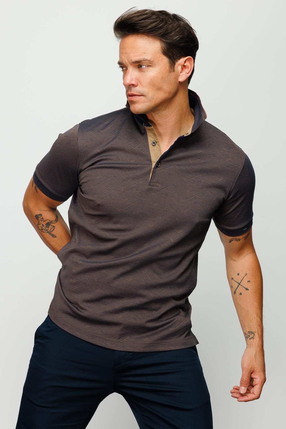 805Erkek Polo Yaka Jakarlı Düğmeli T-shirt Kahve
