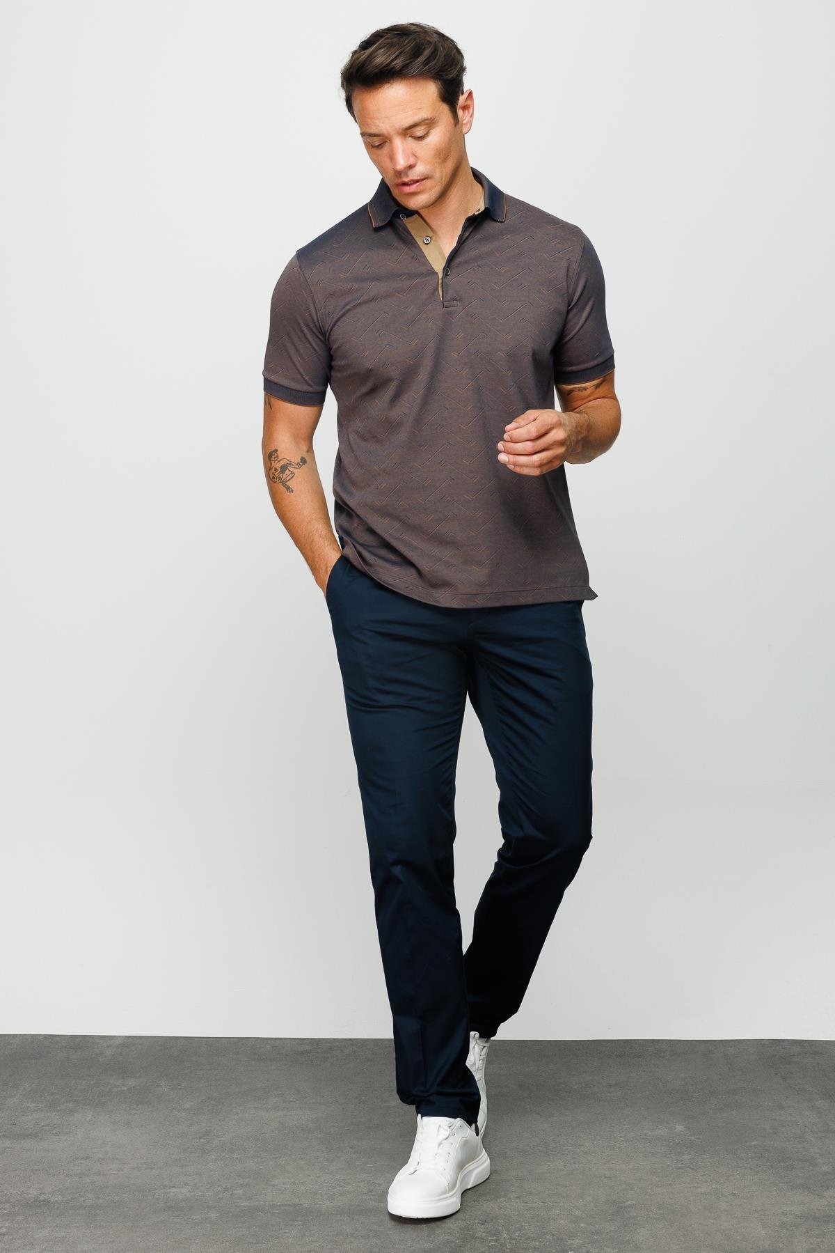 805Erkek Polo Yaka Jakarlı Düğmeli T-shirt Kahve