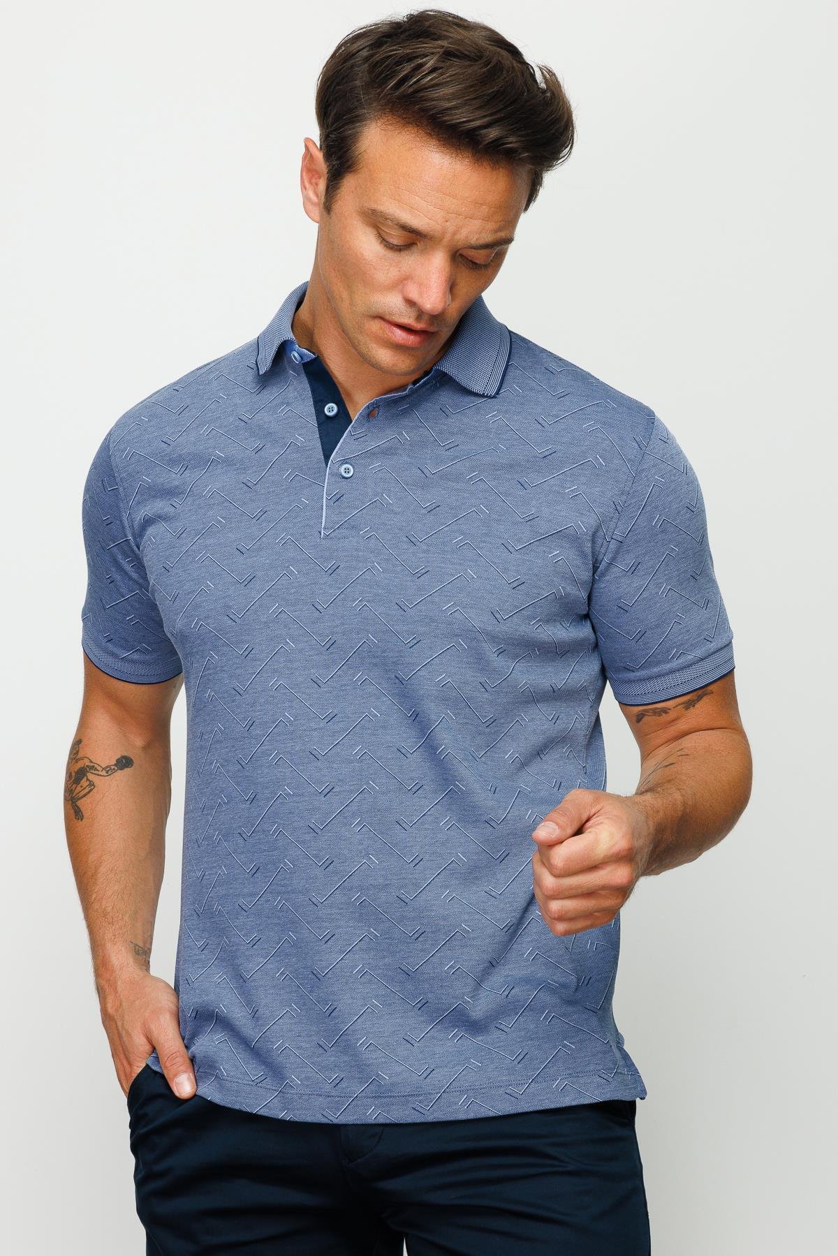 805Erkek Polo Yaka Jakarlı Düğmeli T-shirt Lacivert